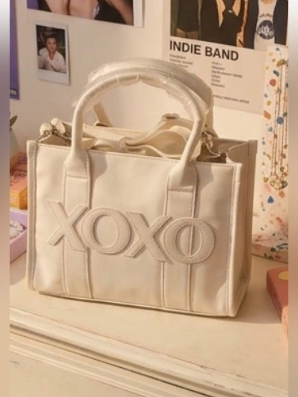 XOXO Cream Tote Bag with Embroidered Logo